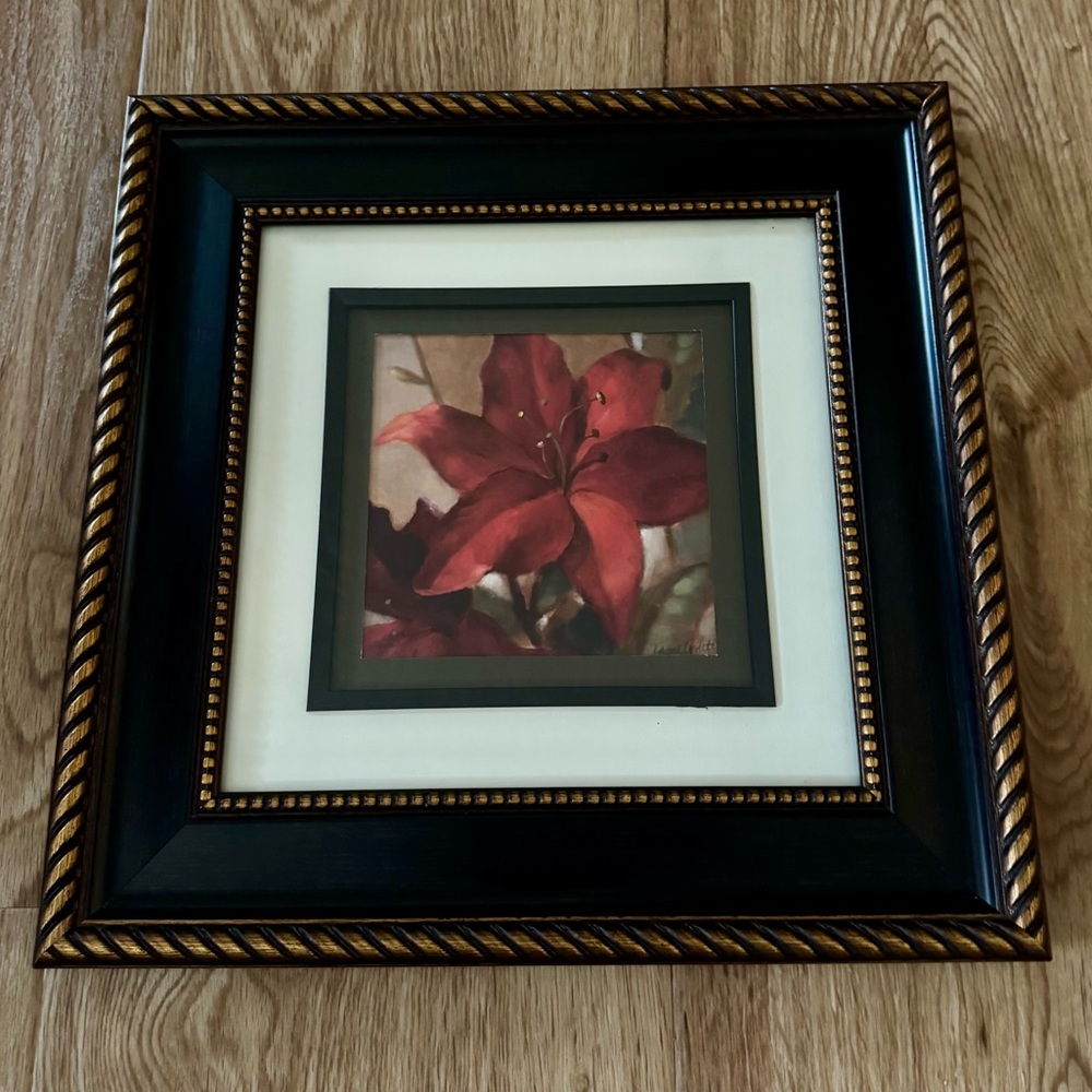 Framed Red Lily Floral Art Print in Decorative Black & Gold Frame - Picture 4 of 8